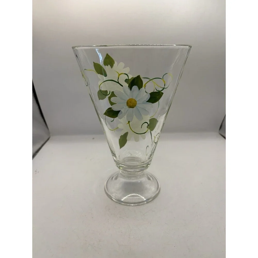 Footed Glass Vase Adorned With Hand Painted Daisies Heavy Glass 7.5” Tall
